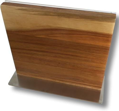 Wooden Magnetic Knife Rack in Natural Acacia Wood, Knife Storage Block for Kitchen with Stainless Steel Base