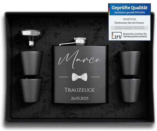 Flachmann mit Gravur Edelstahl - Flachmann Set personalisiert mit Namen - Geschenkidee Hochzeit - Geschenke für Männer - personalisierte Geschenke für Männer - Geschenk Trauzeuge (Design 4)