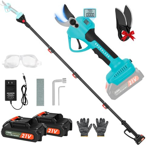 40mm Akku Astschere, 2-in-1 Telescopic Elektrische Gartenschere mit 2 Stück 21V 2000mAh Akkus & Ersatzklingen Set, Maximum Range up to 4.57 m, Elektrische Baumschere (Blau (mit Teleskopstange))