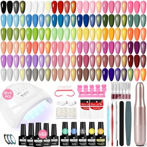 VANREESA Kit Semipermanente Unghie, 35 Colori Kit Unghie Gel Completo con Top Base Opaco Brillantini Coat Lampada U V Led e Strumenti per Manicure, Set Manicure per Principianti