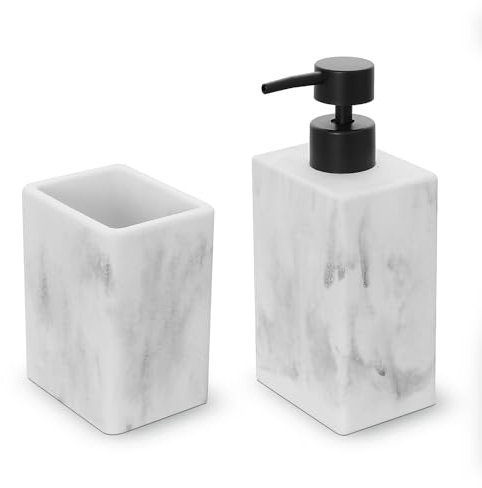 Set Accessori Bagno 2 Pezzi Con Dispenser Sapone Liquido E Bicchiere Porta Spazzolini In Poliresina Effetto Marmo Bianco Della Linea Marmo