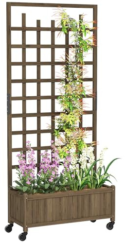 Outsunny Jardinière en treillis en bois, plates-bandes surélevées pour jardin avec roues et revêtement de lit, brise-vue pour cultiver des légumes, des herbes et des fleurs pour jardin, patio,