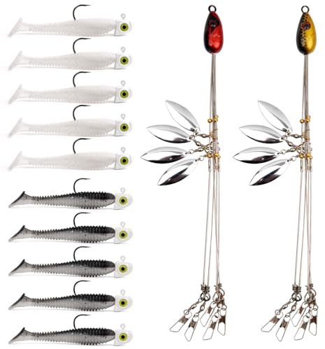 Alabama Rig (A-Rig) Fishing Lures Kit – 2 Rigs, 10 Jig Heads & Swimbaits, Tackle Box for Striper/Bass Fishing