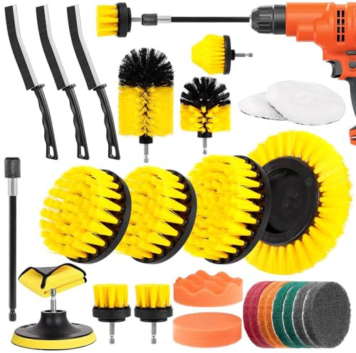 Cirulli Cepillo Taladro de 27 Piezas, Cepillo de Limpieza eléctrico, Kit de cepillos para Llantas, Juntas y Esquinas, cepillos para Cocina, baño y automóvil, Cepillo Limpieza hogar,Amarillo