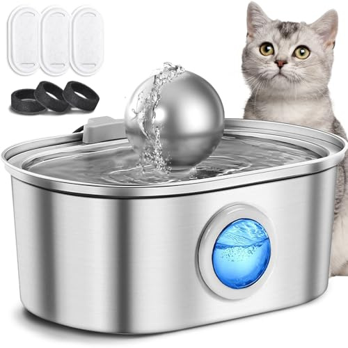 NXPZ Fuente de Agua para Gatos Acero Inoxidable 3.2L, Fuente para Mascotas Ultrasilenciosa, con Ventana de Nivel de Agua y Luz LED, Filtración Múltiple, 3 Piezas de Filtros + 3 Piezas Esponjas