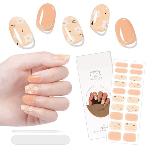 JSRQT 20Pcs Flower Semi Cured Gel Nail Strips Wraps, Gel Nail Polish Stickers Light Pink with Glitter Butterfly Design, Full Wraps Strips UV Art, Women Girls Finger Manicure Decoration