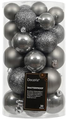 Weihnachtskugeln Kunststoff 4-6cm Mix 30 Stück - klassisch & bruchsicher - Christbaumkugeln Weihnachtsbaumkugeln für Weihnachten - matt glänzend & glitzernd gemischt - Zart Grau