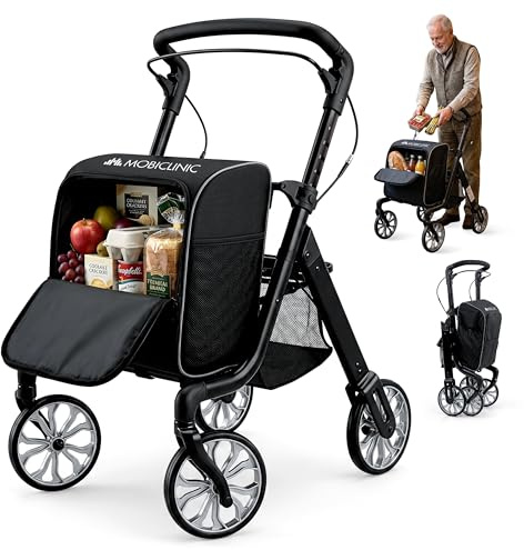 Mobiclinic®, Hopfällbar Rullator + Shoppingvagn, 2 i 1, Parkeringsbroms, Justerbar i 6 Höjder, Enkelspak, Korg och Avtagbar XXL-väska, 360º-Hjul, Tålig, Aluminium, Formen