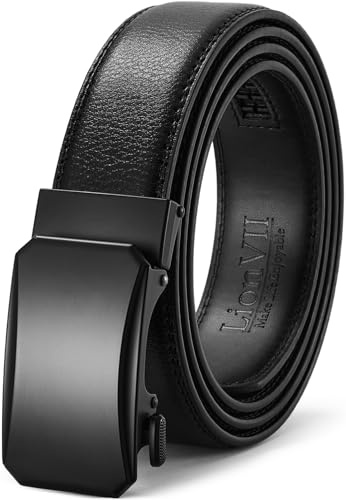 LionVII Cinturón para hombre con trinquete automático - Cinturón ajustable de 3,5 cm hecho de cuero genuino para ocio y negocios, Cortado a medida para cinturas de 75-125 cm (30-49), L