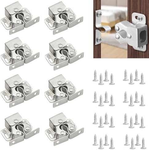 HattusaShield 6 Piezas Doble Rodillo Gabinete Pestillo Puerta, Pestillos para Armarios Cierre Puerta Armario con 40 Tornillos para Muebles Armarios (Plata）