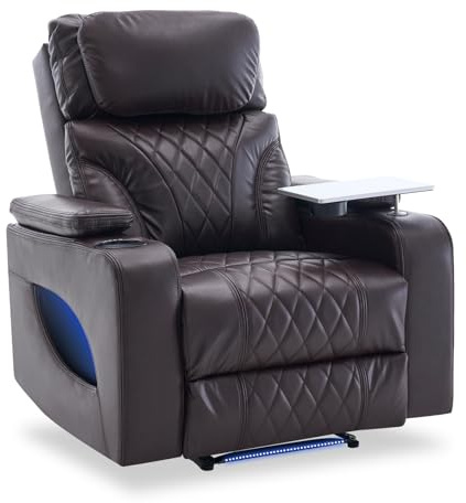 Zuacs Power Recliner Home Theater Seating with Cooling Cup Holder and Massage Heating, Bule Color Ambient Lighting Recliner Chair,Movie Sofa with Tray Table, USB Charging & Manual Headrest, Brown