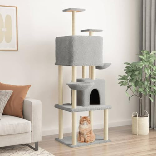 Tiragraffi con colonna in sisal, grigio chiaro, 180 cm, torre per gatti con 2 grotte, 2 cestini, piattaforme, istinti di graffio