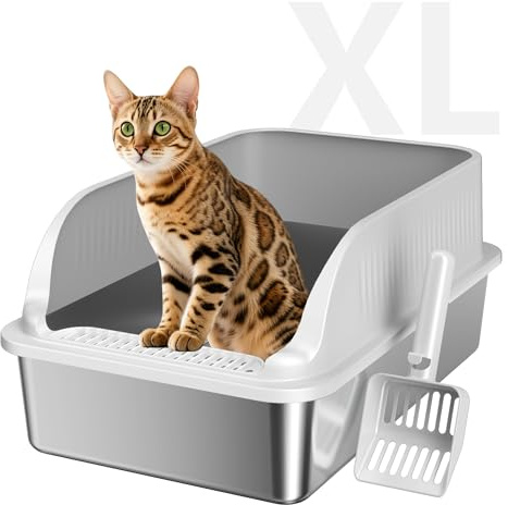 KISENG Stainless Steel Cat Litter Box with Lid, XL Extra Large High Sided Litter Box for Big Cats, Odor Free Open Top Litter Pan Easy Cleaning Anti-Urine Leakage Non-Stick, Includes Scoop, Light Grey