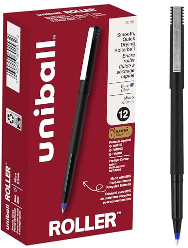 uniball Roller Rollerball Pens, Micro Point (0.5mm), Blue, 12 Pack