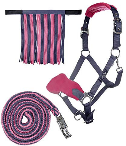 HKM SPORTS EQUIPMENT Halfter mit Strick Panik & Fliegenfransen, Pony 9539 grau/pink