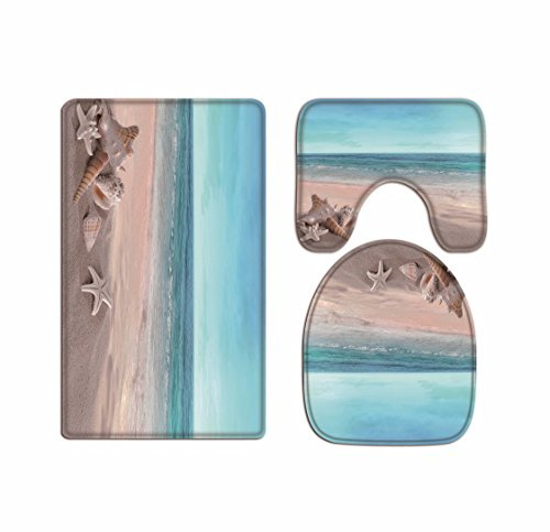 A.Monamour Set Tappeti Bagno 3 Pezzi Completo Blue Ocean Starfish Conchiglia Vacanza Spiaggia Mare Scenario Nautico Antiscivolo Morbidi Assorbente Lavabile Tappetini per Il Bagno WC Bidet