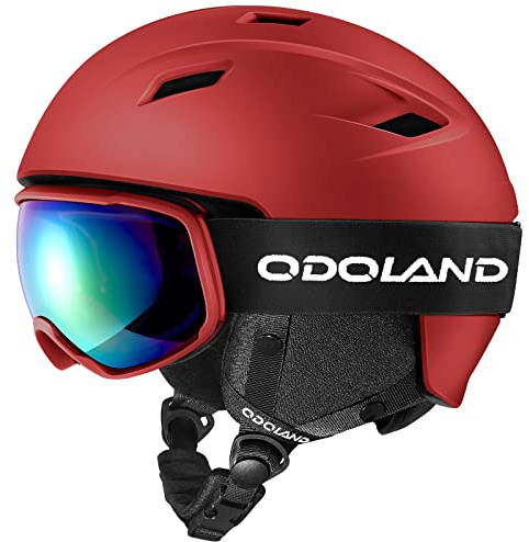 Odoland Kit de Casco Esquí con Gafas Esquí, Casco Snowboard para Hombres Mujeres Jóvenes, Protección UV 400 y a Prueba de Viento, Casco Deportivo para Esquí Snowboard y Patinaje, Rojo, S