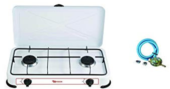 XONE Kit Fornello Gas GPL 2 fuochi + REGOLATORE Bassa Pressione Fissa + Fascette | Fornello Acciaio smaltato, Consumo 2,2 kW (160 g/h) | Fornello Campeggio Dimensioni: 58 x 33 x 9cm, Peso 3kg