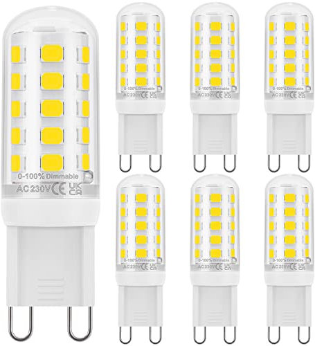 DiCUNO regulable Bombilla G9 led, Blanco frío 5000K, 2,6W sustitución de bombillas halógenas 30W, 260LM, Lámpara G9 230V, Perfecto para baño, lámpara de araña, Paquete de 6
