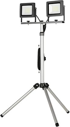 REV Baustrahler LED mit Stativ - 2x30W, 2x2550lm, 6500K, robuste Arbeitsleuchte für Baustelle, Werkstatt & Keller, Baulampe IP65 innen & außen, silber