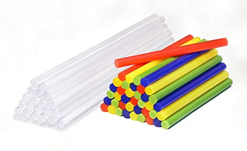Heißklebestifte Set | 60 Heißklebesticks | 20 Stück transparent und 40 in bunt | Blau, Gelb, Grün und Rot | Für Heißklebepistole I 18,5 cm X 7 mm für transparente und 10 cm X 7 mm für bunte Sticks