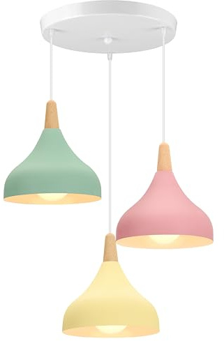 iDEGU 3 retro E27 pendellampa modern stil hängande hatt taklampa metall trä taklampa för matsal vardagsrum kök diameter 20 cm (grön + rosa + gul, bar)