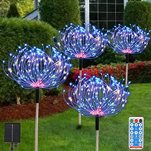 AcaJoe Solar Garden Fairy Lights 4 Pack 120 LED Outdoor Firework Landscape Path String Lights Waterproof 8 Lighting Modes Remote Control for Backyard Christmas Party Decorative (Multi)