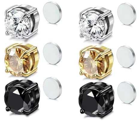3 Paires Acier Inoxydable Boucles d'oreilles Magnétique Homme Femme Boucle d Oreille AimantMd'oreille Clip Non Piercing Zirconium Ronde Clou Argent Or Noir