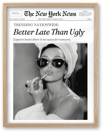 iHery Natural OAK Wood Audrey Hepburn Newspaper Trendy Framed Wall Art, 12x16 in Vintage Headline Canvas Bedroom Wall Decor, Better Late Than Ugly,Bathroom Artwork Apartment Girly Dorm Room 1Pack