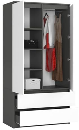 BDW Kleiderschränk 2 Türen, 4 Einlegeböden, Kleiderständer, 2 Schubladen, Mehrzweckschrank, Schubladenschrank, Garderobenschrank für Schlafzimmer, Wohnräume, 180x90x51cm, Grau/Weiss