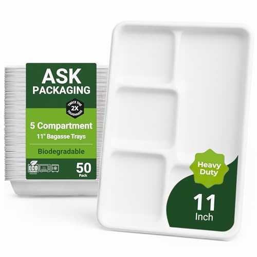 Disposable 5 Compartment Bagasse Plates (11 x 9 inch, 50 Pack) – Heavy Duty Biodegradable Meal Trays | Compostable Paper Plates, Eco-Friendly Food-Safe Divided Tray for Parties Lunch Catering