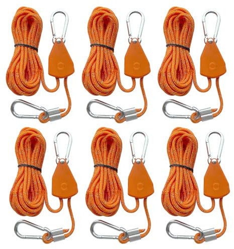 ZOYDP 6 Stück 4M Reflektierend Abspannseile Seil, Abspannseile mit Seilspanner, 4mm Leichte Abspannleine Zeltschnur, Abspannseile Camping, Seilratsche mit Haken für Zelt Zeltplane Camping (Orange)