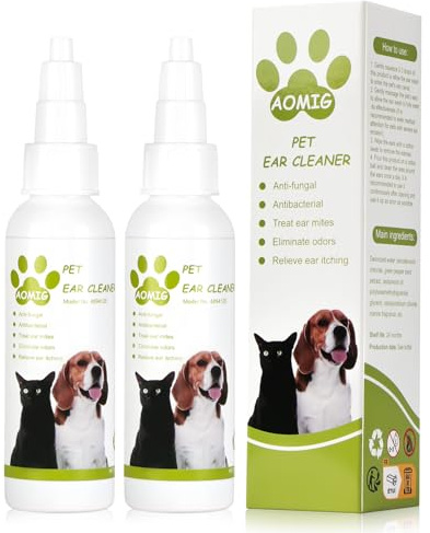 Aomig Huile Anti-Acariens pour Chien&Chat, 50ml*2 Nettoyant Gouttes d'oreille avec Extrait de Poivre Vert, Huile de Cèdre, Apaise Démangeaisons et Inflammation, Dissout CéRumen, Mauvaises Odeurs