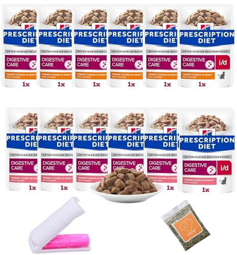 Digestive Care Cat Food Bundle with Prescription Diet I/D Pouches in Gravy Chicken and Salmon 12x 85gram plus UbiPet Catnip and Lint Roller