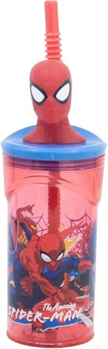 Gobelet Spiderman 3D pour enfant avec paille – 360 ml – Tasse en plastique sans BPA – Vaisselle réutilisable avec personnage officiel pour l'école, la boîte à lunch, les voyages – Design officiel
