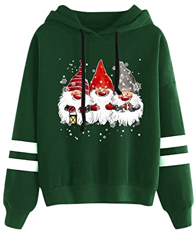 Norwegian Cardigan Women's Top Printed Christmas Hooded Gnome Women's Hoodies Sweatshirts Print, Green, M