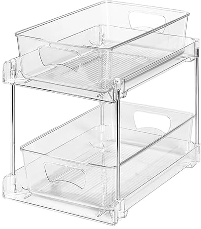 2-Tier Under Sink - Clear Plastic Bathroom Storage Pull-Out Drawer for Easy Access Ideal for Bathroom Cabinets Space-Saving Solution for Toiletries & Cleaning Supplies