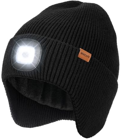 Wmcaps Mütze mit LED Licht und Ohrenklappen, Type-C Beleuchtete Wintermütze Herren, Strickmütze Herren mit Lampe, Warme Stirnlampe LED Wiederaufladbar, Praktisches Geschenk (Schwarz)