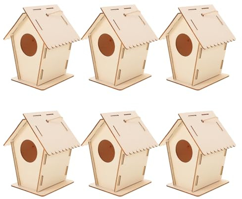 Toyvian 6pezzi Kit Casetta per Uccelli in Legno da Costruire Mini Casetta per Uccelli Verniciabile con Spago per Appenderla Preforata Facile da Montare Non Finite da Dipingere
