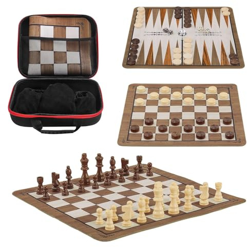 3-in-1 Portable Chess Set,15.7'' Roll Up Travel Backgammon Set & Checkers | 2 Extra Queen,Foldable chess Board Set Game, 40*40cm Board Games for Kids & Adults, Includes Storage Bag,Educational Toy Sets