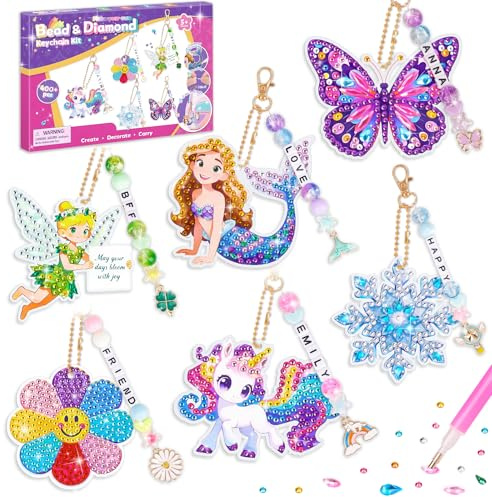 Gift for 5 6 7 8 9 Year Old Girls Diamond Art and Craft Kit for Kid Age 6-8 | Girls Birthday Present for 6 7 8 9 10 Years Olds Girls Toys, Bead & Diamond Painting Keyring, Creative Keychain Gift for Girl