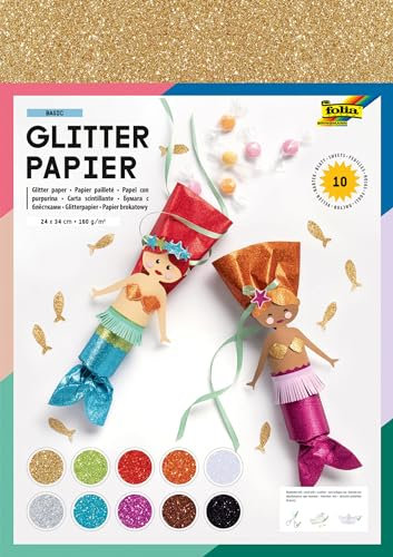 folia 880409 - Glitterpapier BASIC, 24 x 34 cm, 10 Bogen in 10 glitzernden Farben, Papierstärke 160 g/m²
