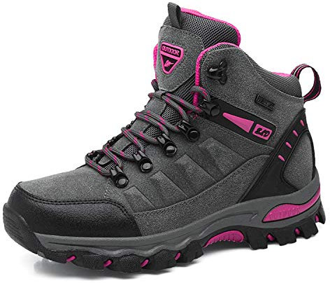 WOWEI Wanderstiefel Wanderschuhe wasserdichte Outdoor Sportlich Gleitsicher Bequem Leicht Bergstiefel Trekking Schuhe Damen Herren Wanderhalbschuhe, Grau Rosa Rot-1, 40 EU