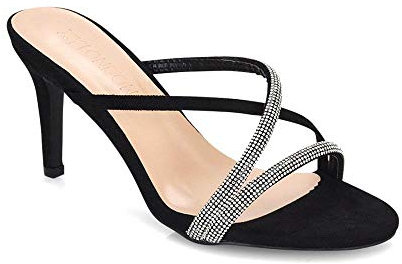 ESSEX GLAM Womens Slip On Stiletto Heels Ladies Diamante Strap Mid Heel Party Mules Size 3-8 Black