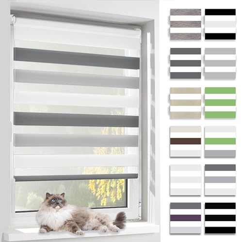 BelleMax Doppelrollo Klemmfix ohne Bohren & mit Bohren, Weiß Grau Anthrazit B35 x H120 cm (Stoffbreite 35cm), Fensterrollo lichtdurchlässig & Blickdicht, Klemmrollo Sichtschutz & Sonnenschutz