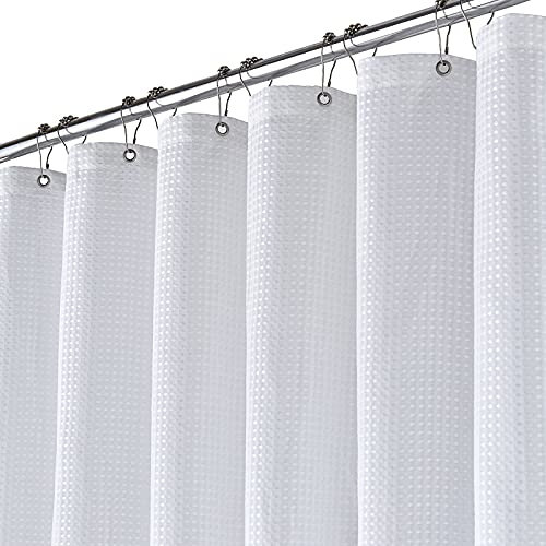 BTTN White Waffle Shower Curtain, Weighted Mould Proof Resistant Fabric Wet room Shower Curtains, Heavy Duty Waterproof Washable Thick Cloth Shower Curtain Set with 12 Plastic Hooks(182 x 182cm Drop)