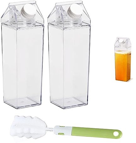 VicBou 2PCS Clear Milk Carton, 1 Sponge Cup Brush, Milk Carton Water Bottle, 500ml Transparent Plastic Bottle,Can be Reused,Milk, Water,Juice Container Bottle for Indoor and Outdoor Travel Activities