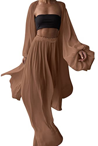 Women's 3 Piece Sets Casual Sexy Solid Color Strapless Vest and Trousers and Cardigan Three Piece Sexy Suit Pant Suit Set for Women Coffee