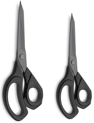 LIVINGO Fabric Cutting Scissors Set: Titanium Coated Sharp Blades Forged Stainless Steel - Soft Rubber Grip - Sewing Shears for Adults, Home, Work Use, for Leather Carpets Materials, Black, 22cm+24cm