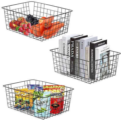 LOSYHU 3PCS Black Metal Wire Baskets Wire Organizer Storage Baskets Wire Storage Baskets with Handle for Kitchen, Cupboards, Home, Office, Bathroom - 40x29x16cm